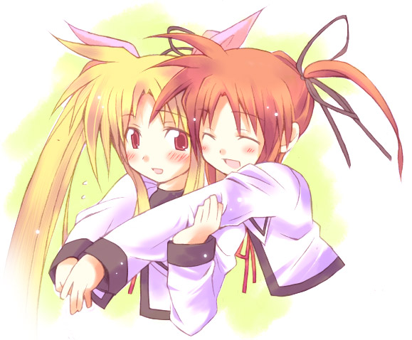 sakugo, fate testarossa, takamachi nanoha, lyrical nanoha, mahou shoujo lyrical nanoha, mahou shoujo lyrical nanoha a's, 00s, 2girls, blonde hair, multiple girls, school uniform, twintails