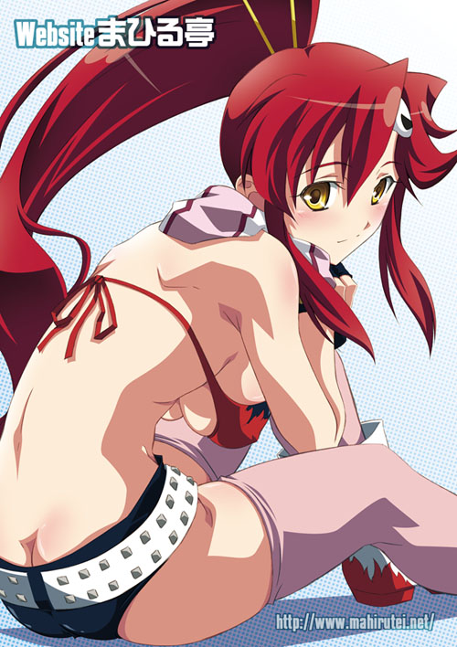 izumi mahiru, yoko littner, tengen toppa gurren lagann, 00s, 1girl, back, belt, bikini, bikini top only, blush, boots, breasts, butt crack, female focus, hair ornament, large breasts, long hair, looking back, no panties, ponytail, red bikini, red hair, scarf, shadow, sitting, solo, swimsuit, thighhighs, underboob, watermark, yellow eyes, zettai ryouiki