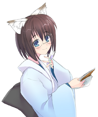 gin (ginshari), original, lowres, 1girl, animal ears, beaker, cat ears, female focus, glasses, japanese clothes, kimono, solo