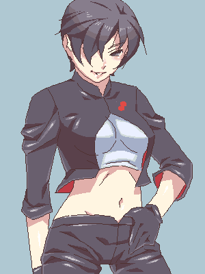itsumo nokoru, archived source, character request, copyright request, lowres, 1girl, anime coloring, aqua background, arm at side, black eyes, black gloves, black pants, blush, breasts, cowboy shot, gloves, groin, hair over one eye, high collar, jacket, jaggy lines, leather, leather gloves, leather jacket, leather pants, leather sleeves, legs apart, lips, looking at another, looking at viewer, medium breasts, midriff, navel, oekaki, one eye covered, pants, parted lips, partially open jacket, partially unzipped, popped collar, print jacket, shirt, short hair, simple background, smile, solo, standing, three-quarter sleeves, two-sided fabric, two-sided jacket, two-sided sleeves, white shirt