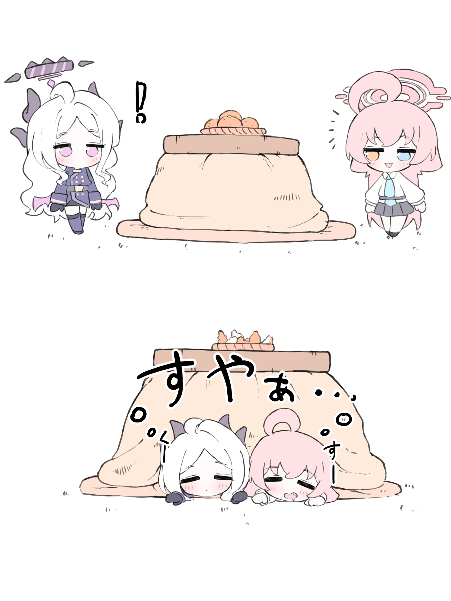 norippe (user zgsf8872), hina (blue archive), hoshino (blue archive), blue archive, commentary request, highres, translation request, !, 2girls, :d, ahoge, black gloves, black shoes, black skirt, blue eyes, blue necktie, blush, chibi, closed eyes, closed mouth, collared shirt, drooling, fang, food, fruit, gloves, halo, heterochromia, jacket, kotatsu, long hair, long sleeves, low wings, lying, mandarin orange, mouth drool, multiple girls, necktie, notice lines, on stomach, open mouth, orange eyes, parted bangs, pink eyes, pink hair, pink wings, pleated skirt, puffy long sleeves, puffy sleeves, purple jacket, purple thighhighs, shirt, shoes, skirt, sleeves past wrists, smile, table, thighhighs, under kotatsu, under table, very long hair, white background, white hair, white shirt, wings