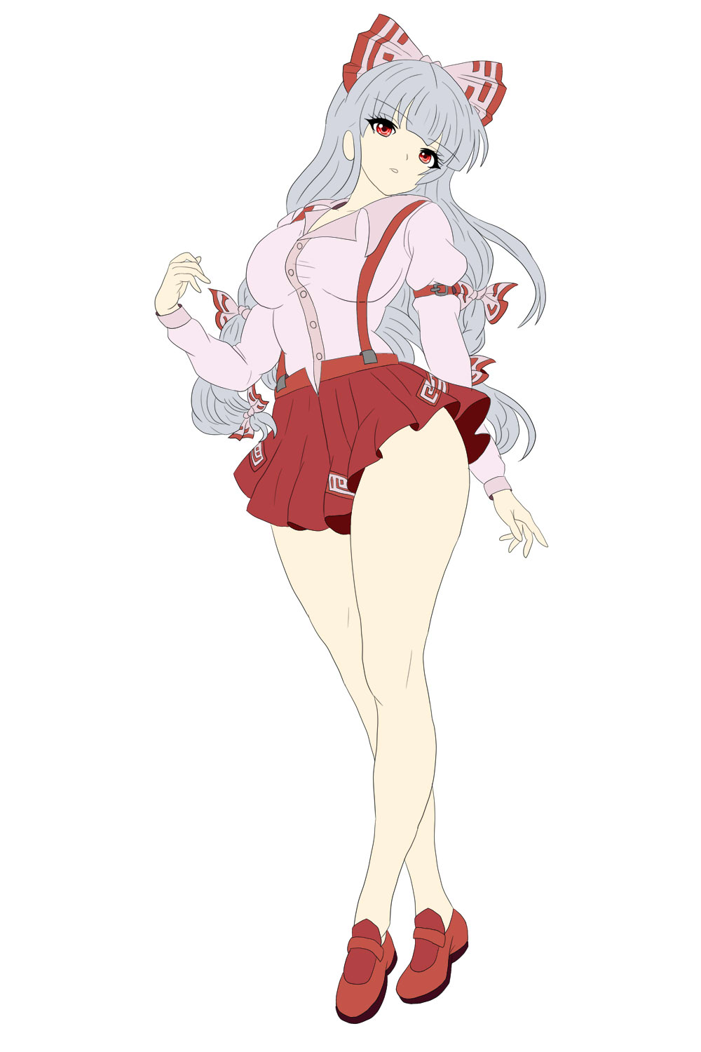 fujiwara no mokou, touhou, highres, 1girl, bow, collared shirt, hair bow, loafers, long hair, long sleeves, looking at viewer, miniskirt, multi-tied hair, pleated skirt, red eyes, red shoes, red skirt, shirt, shoes, sidelocks, simple background, skirt, solo, suspender skirt, suspenders, tokonote, very long hair, white background, white hair, white shirt