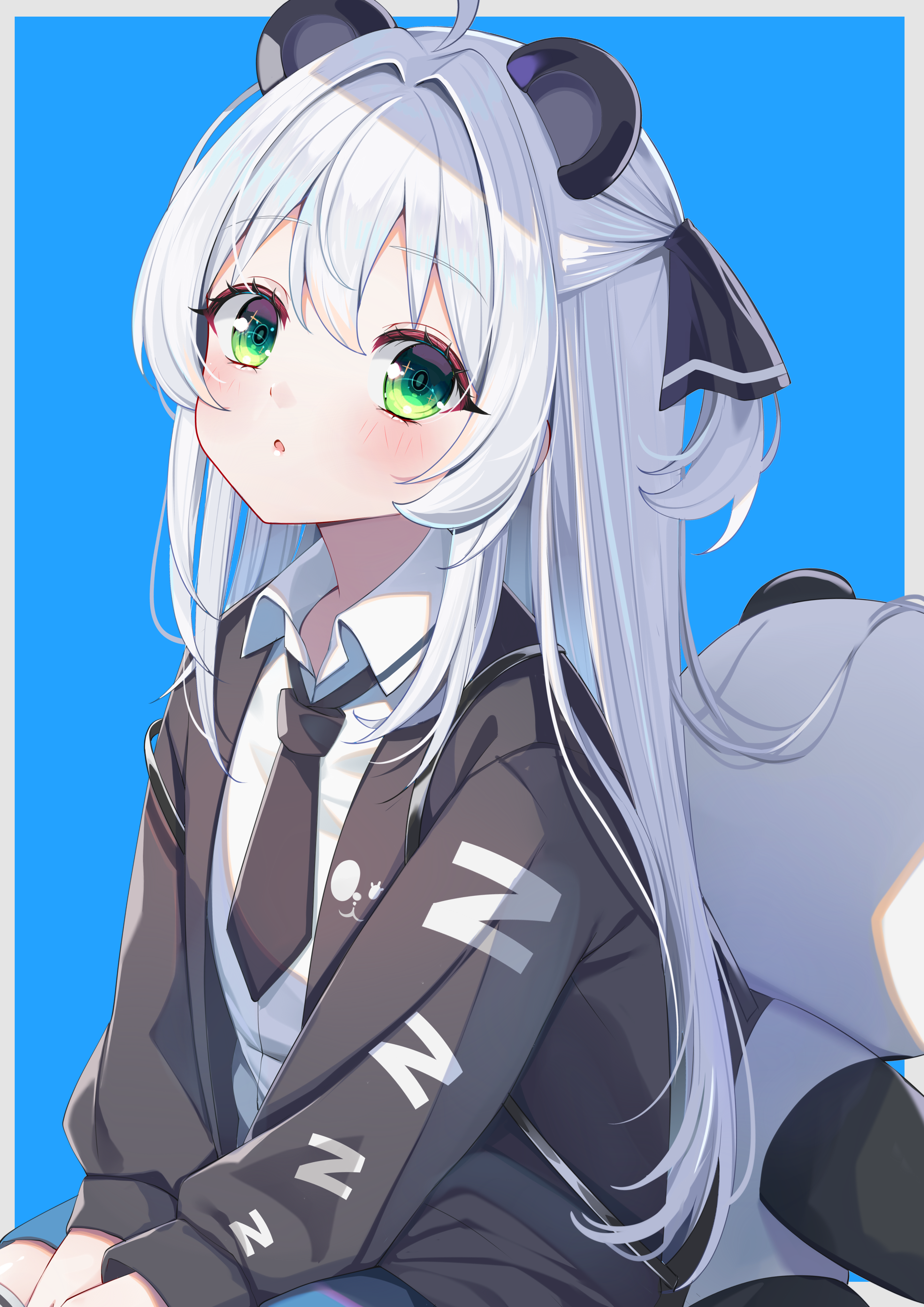 ikazu401, original, absurdres, commentary, highres, 1girl, ahoge, animal ears, black jacket, black necktie, blue background, blue shorts, border, collared shirt, dress shirt, green eyes, grey border, grey hair, hair between eyes, hair intakes, jacket, long hair, long sleeves, looking at viewer, necktie, open clothes, open jacket, parted lips, puffy long sleeves, puffy sleeves, shirt, shorts, sleeves past wrists, solo, stuffed animal, stuffed panda, stuffed toy, very long hair, white shirt