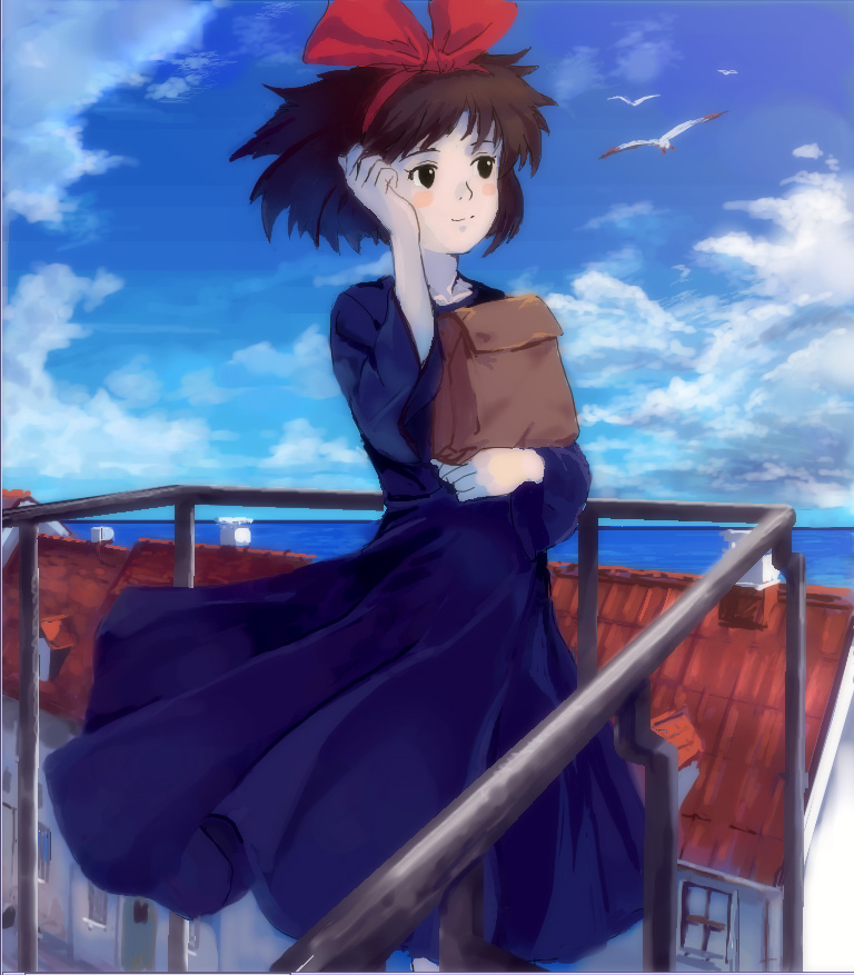 mutsuki (moonknives), kiki (majo no takkyuubin), majo no takkyuubin, studio ghibli, 1980s (style), 1girl, bird, black eyes, bow, cloud, day, female focus, hair bow, ocean, oldschool, outdoors, retro artstyle, seagull, sky, solo, wind, witch