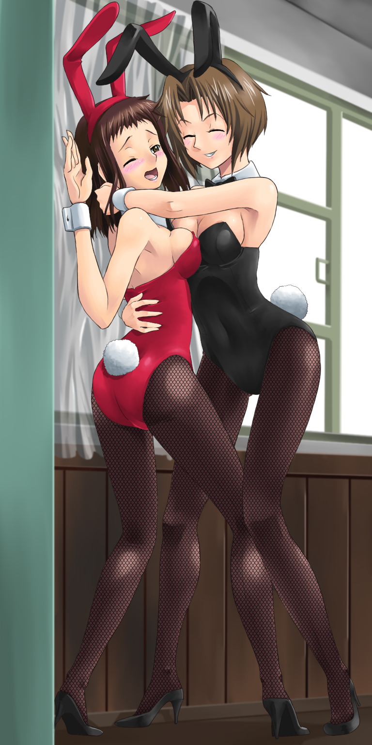 yaso shigeru, koizumi itsuki, koizumi itsuki (female), kyon, kyonko, suzumiya haruhi no yuuutsu, gender request, highres, 00s, 2girls, animal ears, ass, fake animal ears, fishnet pantyhose, fishnets, genderswap, hug, koizumi, legs, leotard, multiple girls, pantyhose, playboy bunny, rabbit ears, rabbit tail, yuri