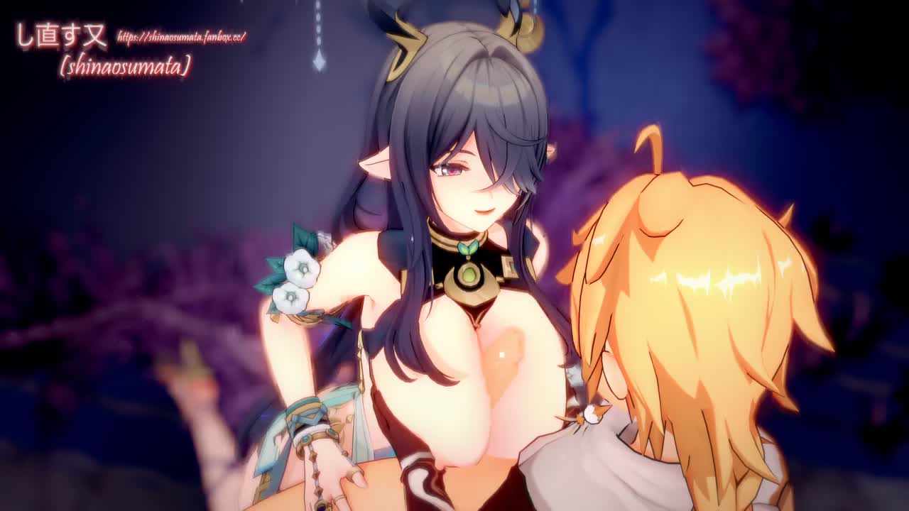 shinaosumata, aether (genshin impact), lauma (genshin impact), genshin impact, animated, tagme, video, 1boy, 1girl, 3d, ahoge, antlers, armor, bare shoulders, black hair, blinking, blonde hair, blue eyes, bottomless, bouncing breasts, braid, breast press, breasts, breasts out, breasts squeezed together, breath, clothing cutout, curvy, deep skin, deer antlers, dress, earrings, elf, flower, from above, frottage, full body, gauntlets, grabbing another's breast, gradient eyes, gradient hair, grass, groping, hair between eyes, hair over one eye, half-closed eyes, hands on another's thighs, head tilt, height difference, high heels, hill, hip vent, horn ornament, horns, huge breasts, jewelry, kneeling, large breasts, lips, long hair, long sidelocks, looking at another, multicolored eyes, multicolored hair, nipples, nose, open clothes, open dress, open mouth, outdoors, over shoulder, paizuri, pale skin, partially undressed, penis, pink eyes, pointy ears, raised eyebrows, ring, rock, scarf, sidelocks, single braid, sleeveless, sleeveless dress, smile, smug, spread legs, standing, swept bangs, thighs, tongue, very long hair