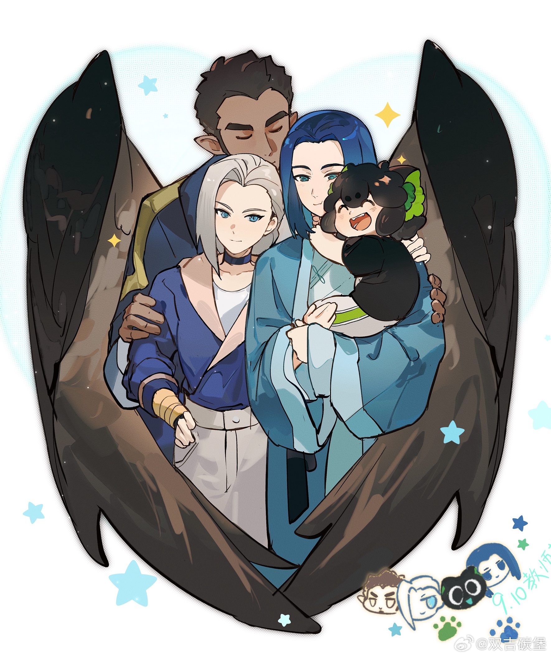 etiv, luo xiaohei, luo xiaohei (human), wuxian (the legend of luoxiaohei), luo xiaohei zhanji, character request, highres, 1girl, 3boys, animal ears, black hair, black shirt, blue eyes, blue hair, blue jacket, brown hair, cat boy, cat ears, chinese clothes, closed eyes, grey hair, jacket, long sleeves, luye (the legend of luoxiaohei), multiple boys, open mouth, shirt, short sleeves, smile, sparkle, star (symbol), wide sleeves, wings