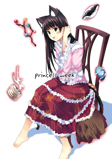 hamayumiba sou, houraisan kaguya, touhou, 1girl, :p, adjusting hair, animal ears, barefoot, black hair, branch, cat ears, cat girl, chair, extra ears, feet, female focus, jeweled branch of hourai, kemonomimi mode, on chair, sitting, solo, tongue, tongue out, tucking hair
