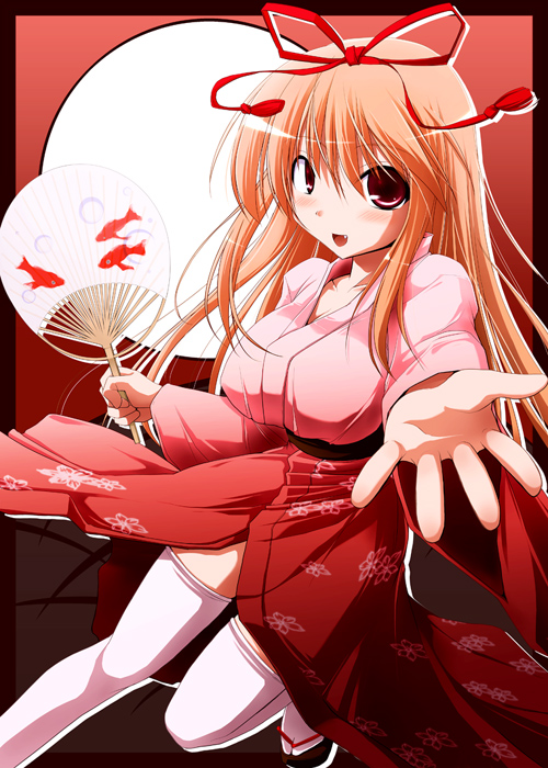 kurikara, yakumo yukari, touhou, 1girl, alternate costume, breasts, fang, female focus, fish, foreshortening, goldfish, gradient background, hand fan, japanese clothes, kimono, outstretched arm, outstretched hand, paper fan, reaching, skirt, solo, thighhighs, uchiwa, zettai ryouiki
