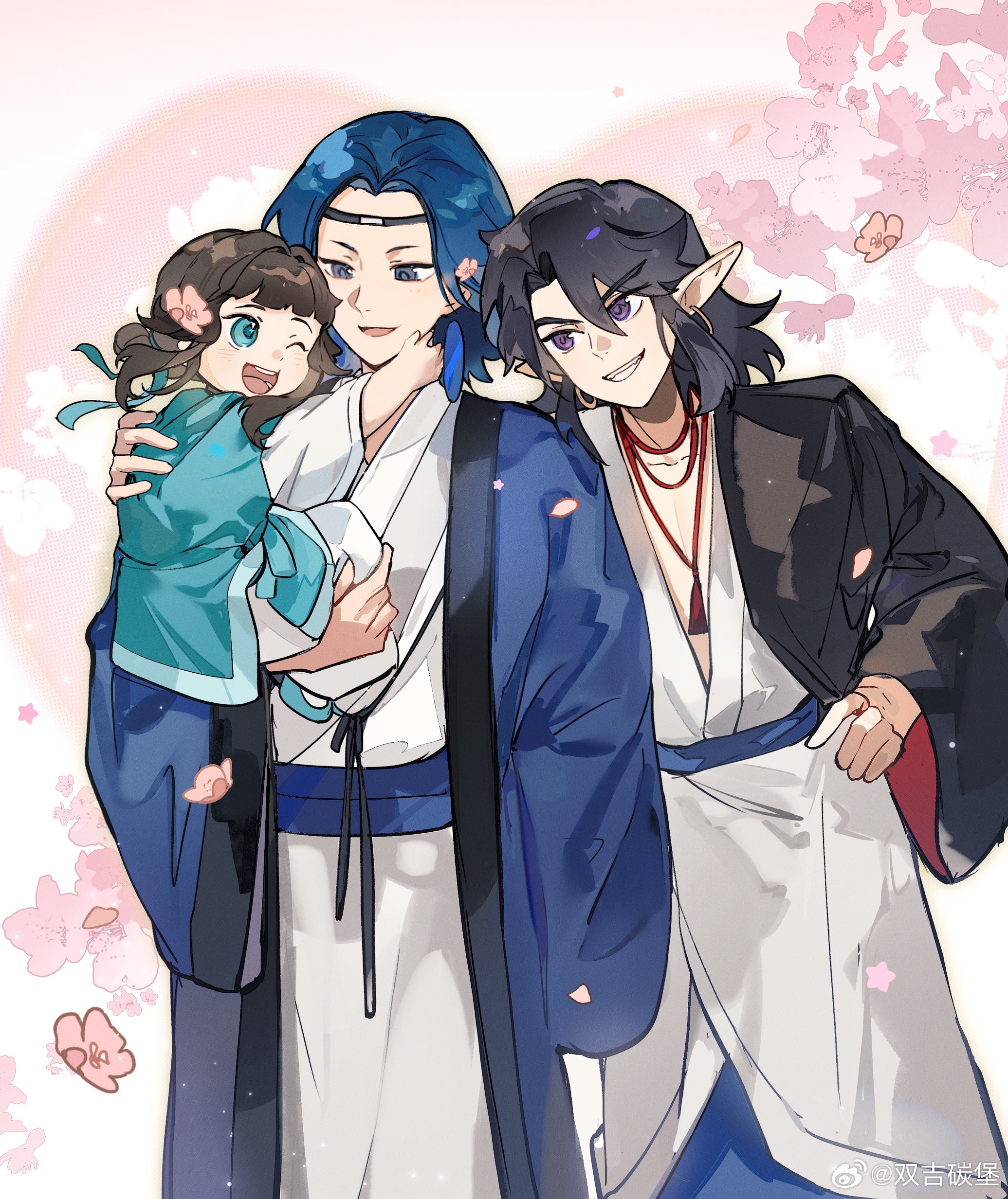 etiv, laojun (the legend of luoxiaohei), li qingning (the legend of luoxiaohei), xuan li (the legend of luoxiaohei), lanxi zhen, luo xiaohei zhanji, absurdres, highres, 1girl, 2boys, aqua eyes, blue eyes, chinese clothes, cowboy shot, earrings, flower, hair between eyes, hair flower, hair ornament, hand on own hip, hoop earrings, jewelry, long sleeves, multiple boys, one eye closed, open mouth, parted lips, pink flower, pointy ears, purple eyes, robe, short sleeves, smile, wide sleeves