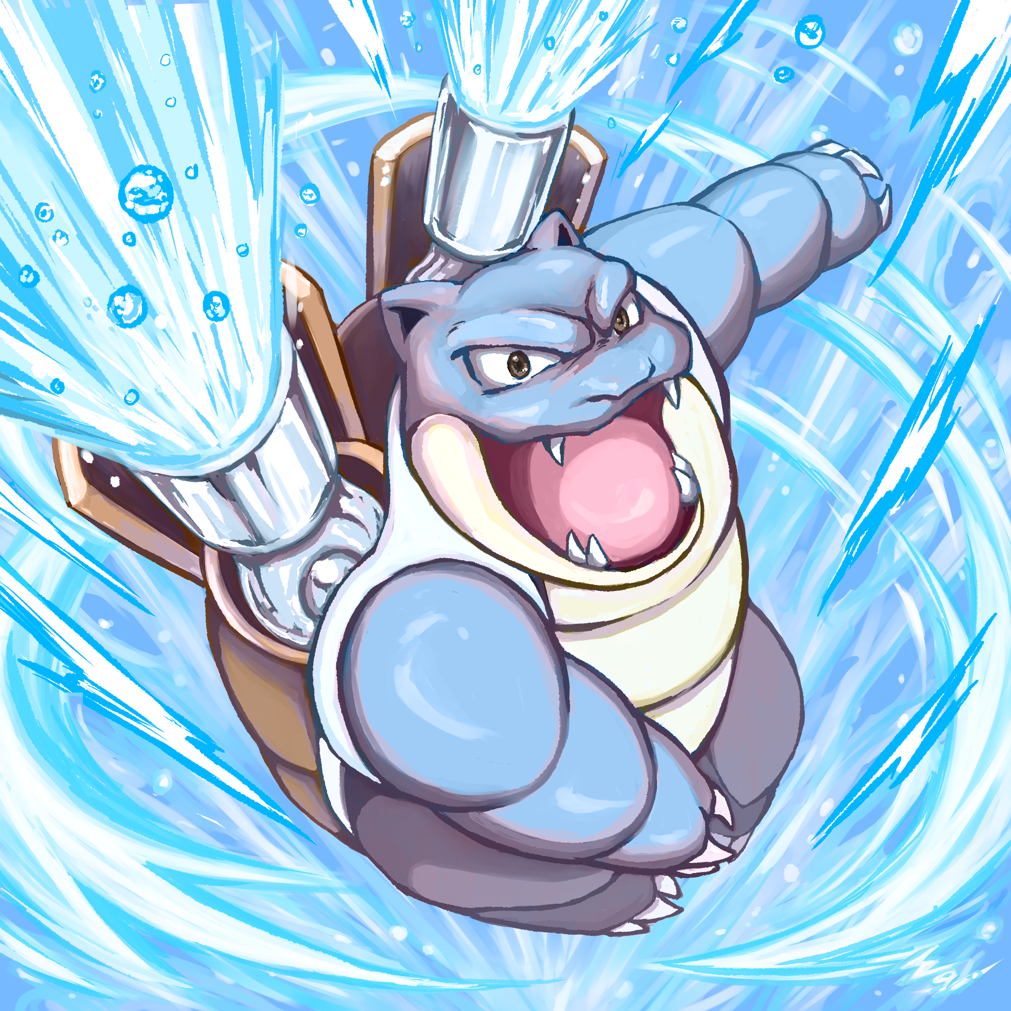 blastoise, nintendo, pokemon, highres, brown eyes, cannon, claws, fangs, gen 1 pokemon, hydro pump (pokemon), no humans, open mouth, pokemon (creature), pokemon focus, pokemon move, shoulder cannon, solo, tongue, v-shaped eyes, wai152, water