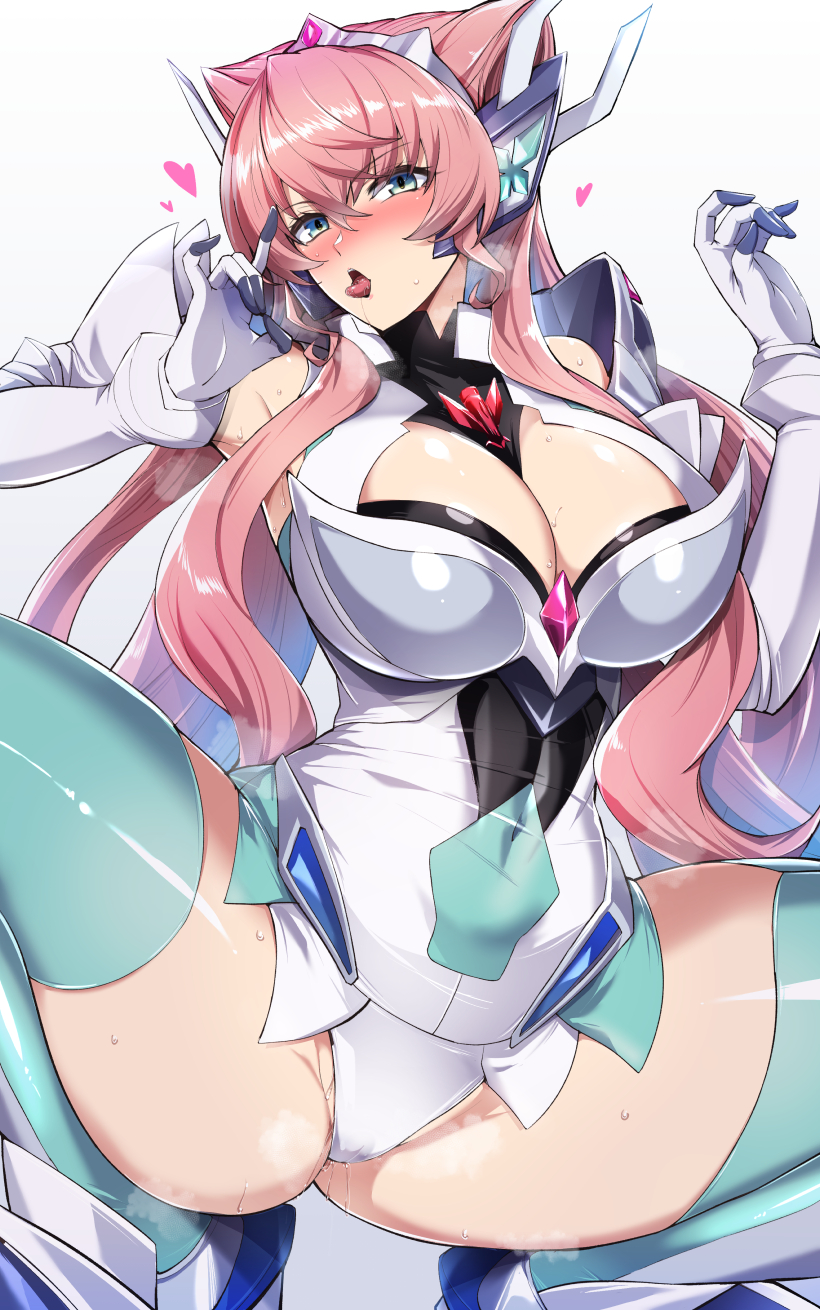 kumakichi (cost-lost), maria cadenzavna eve, senki zesshou symphogear, highres, 1girl, aqua thighhighs, blue eyes, blush, breasts, cameltoe, cleavage, covered navel, fellatio gesture, hair between eyes, hair ears, hair ornament, hair wings, headgear, large breasts, leotard, long hair, looking at viewer, naughty face, open mouth, oral invitation, pink hair, sexually suggestive, shiny skin, simple background, skin tight, solo, spread legs, squatting, sweat, thick thighs, thighhighs, thighs, tongue, tongue out, very long hair, white leotard