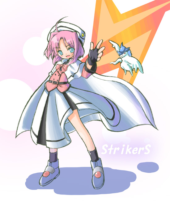 miaka (artist), salty (cherrypie), caro ru lushe, friedrich (nanoha), kerykeion (nanoha), lyrical nanoha, mahou shoujo lyrical nanoha, mahou shoujo lyrical nanoha strikers, uniform, 00s, 1girl, ahoge, aqua eyes, belt, beret, boots, bow, cape, coat, dragon, female focus, fingerless gloves, full body, gloves, hat, legs apart, looking at viewer, magical girl, pink bow, pink hair, short hair, skirt, smile, solo, standing