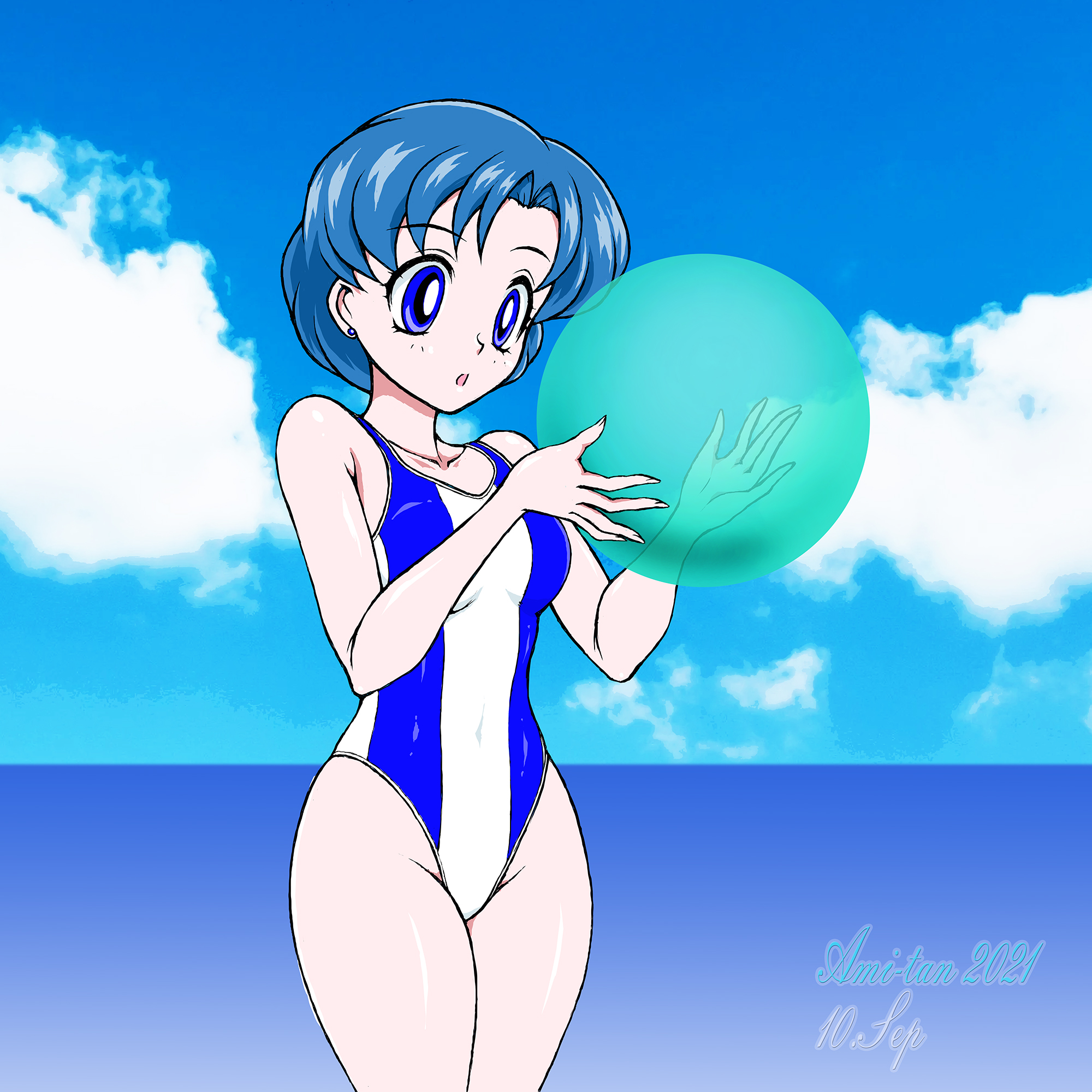 marubayashi, mizuno ami, bishoujo senshi sailor moon, highres, 1girl, :o, ball, bare shoulders, beachball, blue eyes, blue hair, blue one-piece swimsuit, breasts, character name, collarbone, covered navel, dated, groin, looking at object, one-piece swimsuit, open mouth, parted bangs, short hair, small breasts, solo, swimsuit, thick thighs, thighs, two-tone one-piece swimsuit, white one-piece swimsuit, wide-eyed, wide hips