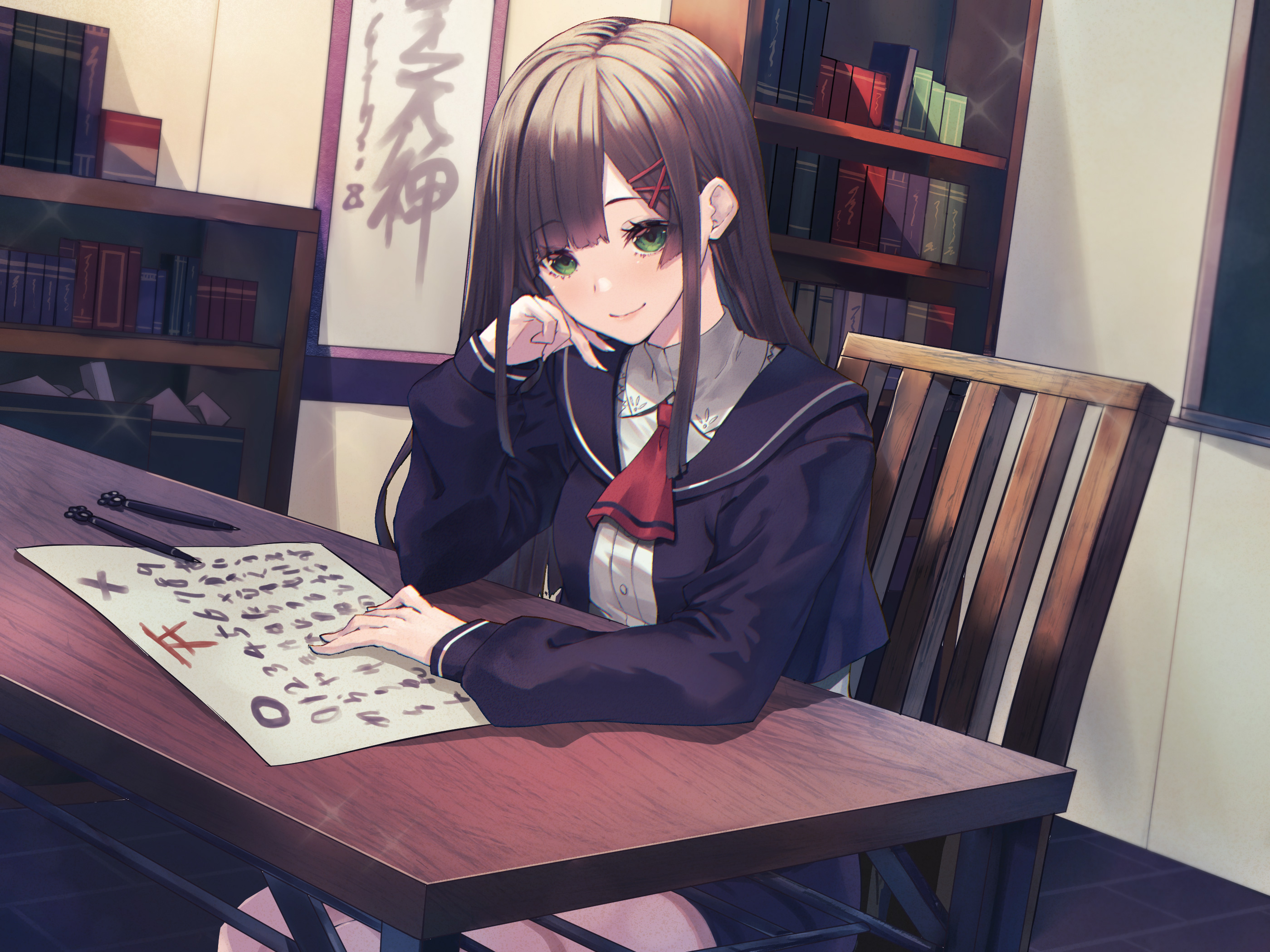oukawa yuu, original, highres, 1girl, ascot, black jacket, black sailor collar, blush, book, bookshelf, brown hair, chair, closed mouth, collared shirt, desk, green eyes, hair ornament, hairclip, hand on own face, indoors, jacket, library, long hair, long sleeves, looking at viewer, on chair, paper, red ascot, sailor collar, school uniform, scroll, shirt, sitting, skirt, smile, solo, sparkle, table, white shirt, wooden table, x hair ornament