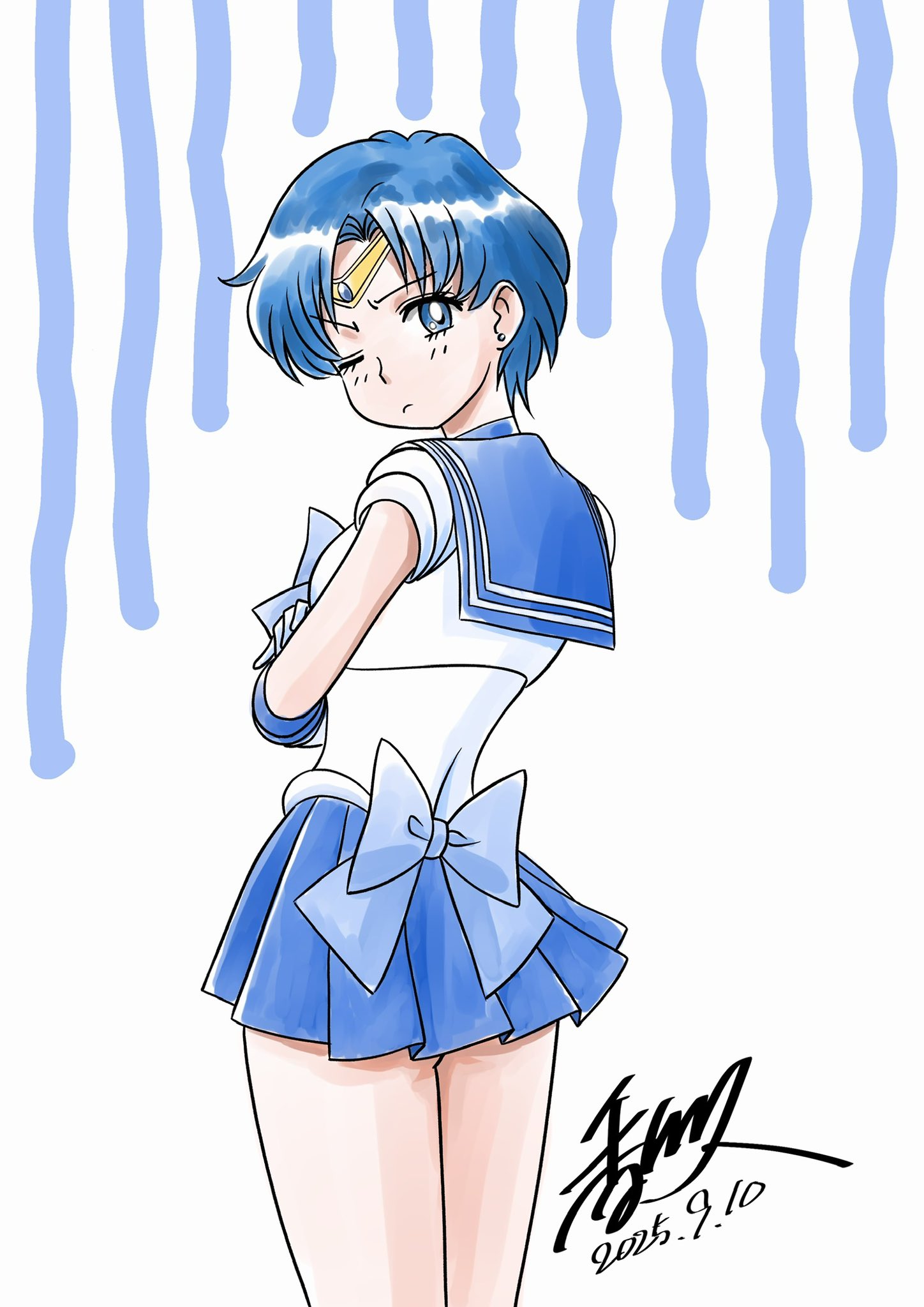 kagawa hisashi, mizuno ami, sailor mercury, bishoujo senshi sailor moon, highres, 1girl, ass peek, back bow, birthday, blue bow, blue bowtie, blue choker, blue skirt, bow, bowtie, breasts, choker, disapproving stare, from behind, gloves, looking at viewer, looking back, median furrow, medium breasts, miniskirt, pleated skirt, skirt, solo, white background, white gloves