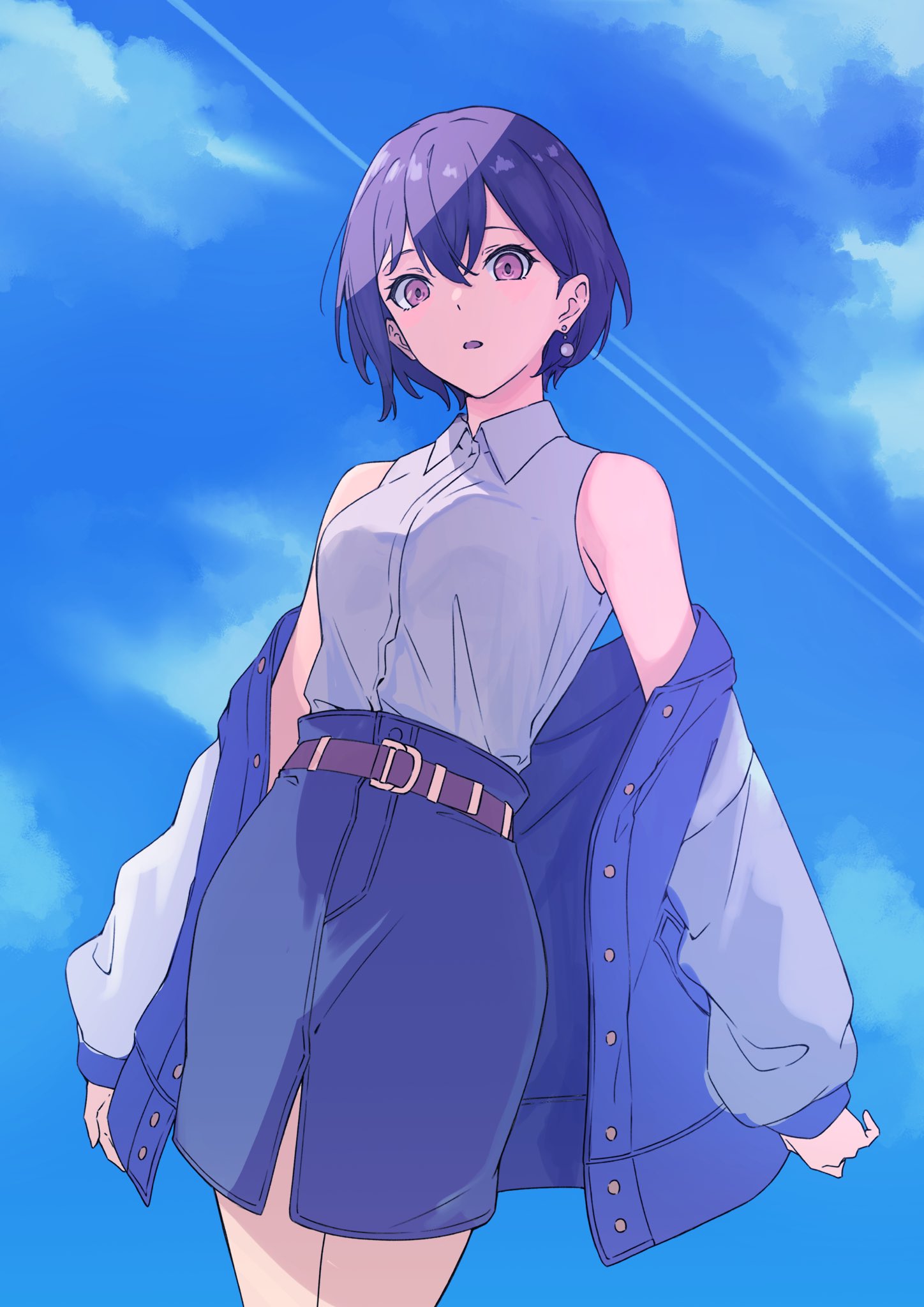 kanade (kanade 3344), sunnysalt 08, takamatsu tomori, bang dream!, bang dream! it's mygo!!!!!, artist collaboration, commentary, hashtag-only commentary, highres, 1girl, belt, blue jacket, blue skirt, breasts, brown eyes, cloud, collared shirt, contrail, dress shirt, earrings, grey hair, grey skirt, jacket, jewelry, looking at viewer, medium breasts, off shoulder, open clothes, open jacket, open mouth, shirt, shirt tucked in, short hair, single earring, skirt, sky, solo, white shirt, yellow belt