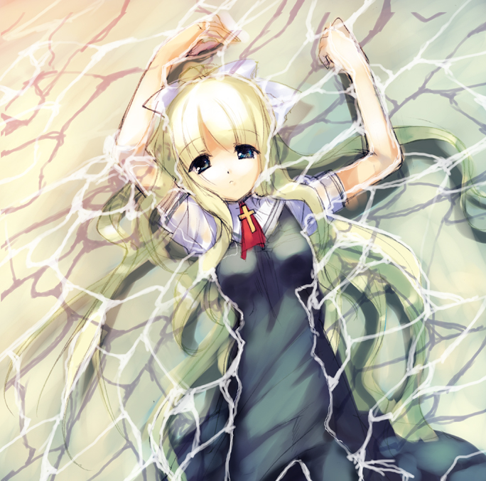 kunai uri, kamio misuzu, air (visual novel), 00s, 1girl, blonde hair, blue eyes, caustics, female focus, long hair, ponytail, school uniform, solo, water