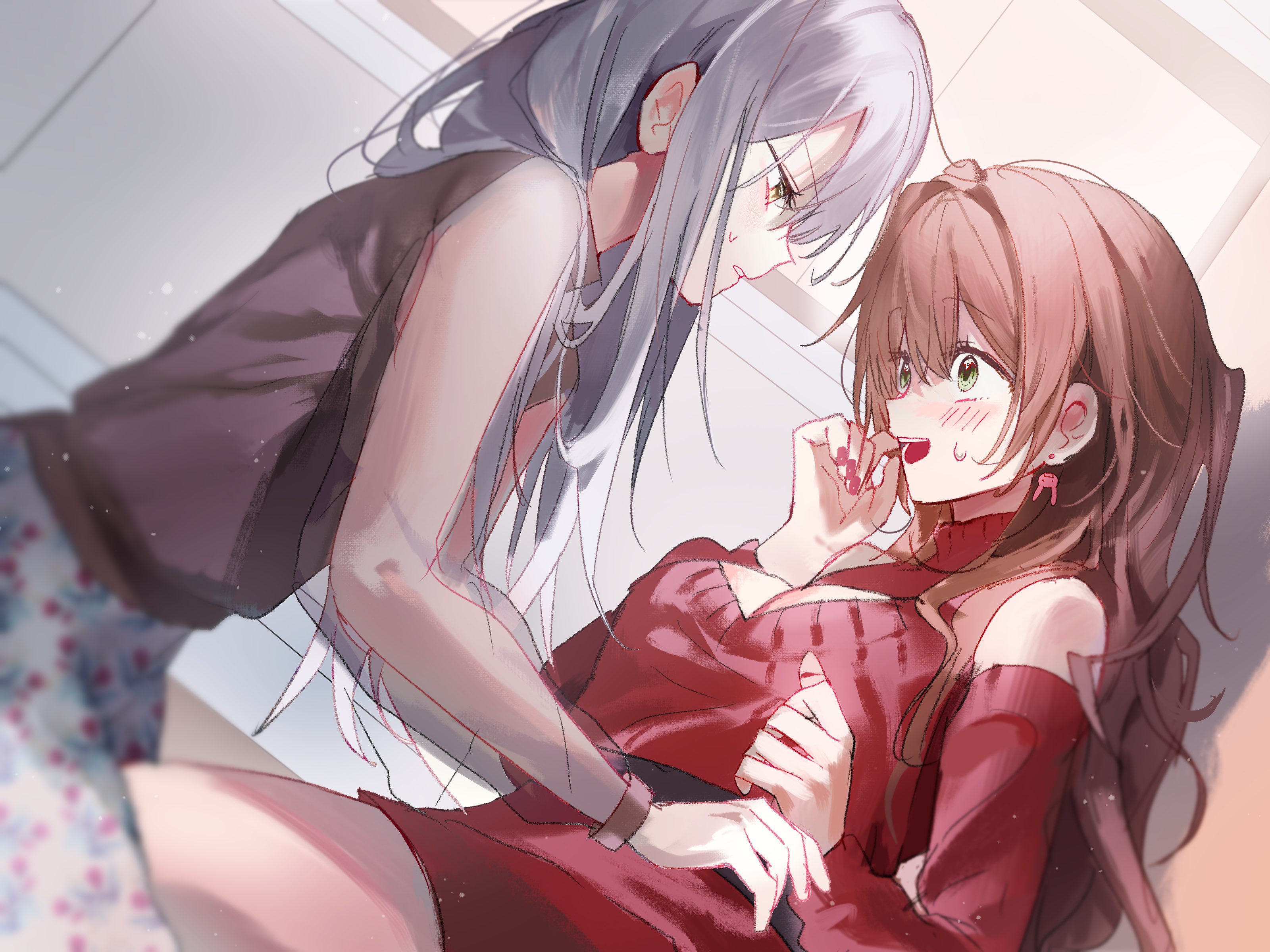 030 bv, imai lisa, minato yukina, bang dream!, absurdres, commentary request, commission, highres, korean commentary, second-party source, 2girls, aircraft, black shirt, blush, breasts, brown hair, clothing cutout, dress, green eyes, grey hair, large breasts, multiple girls, nail polish, open mouth, pink nails, red dress, shirt, shoulder cutout, sleeveless, sleeveless shirt, yellow eyes, yuri