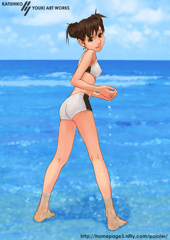 youki katsuhiko, yuuki katsuhiko, original, 1girl, barefoot, bikini, bikini shorts, brown eyes, brown hair, day, double bun, female focus, from behind, hair bun, looking back, ocean, shorts, solo, swimsuit, tankini, wading, water, watermark, web address