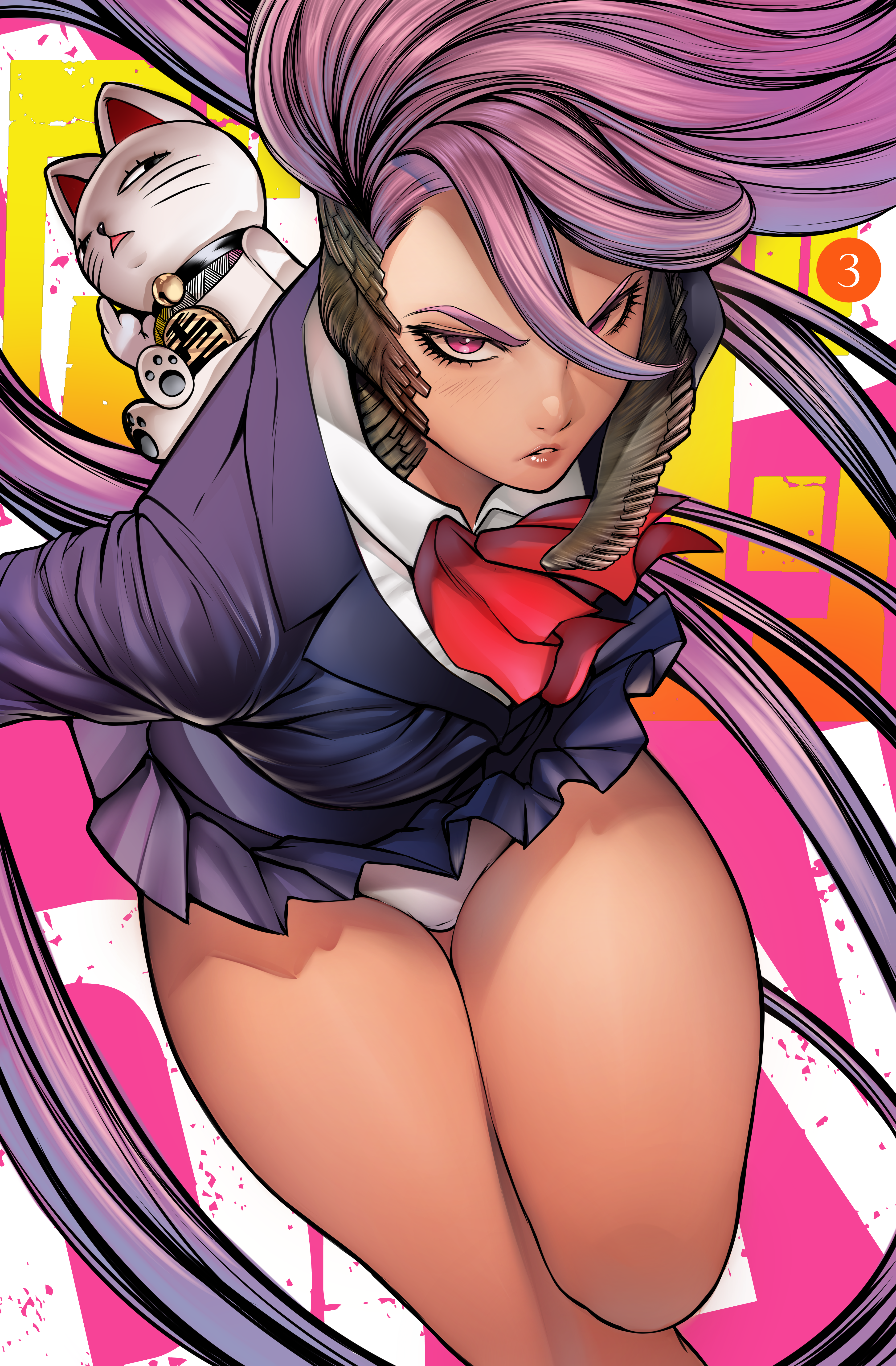 juan romero, acrobatic silky (dandadan), shiratori aira (dandadan), turbo granny (dandadan), dandadan, absurdres, highres, 1girl, absurdly long hair, alternate form, asymmetrical mask, blazer, blue jacket, cat, curvy, half mask, jacket, kami high school uniform, long hair, looking at viewer, maneki-neko, mask, miniskirt, panties, pink eyes, pink hair, pleated skirt, school uniform, skirt, tall hair, thick thighs, thighs, transformation, underwear, very long hair, white panties
