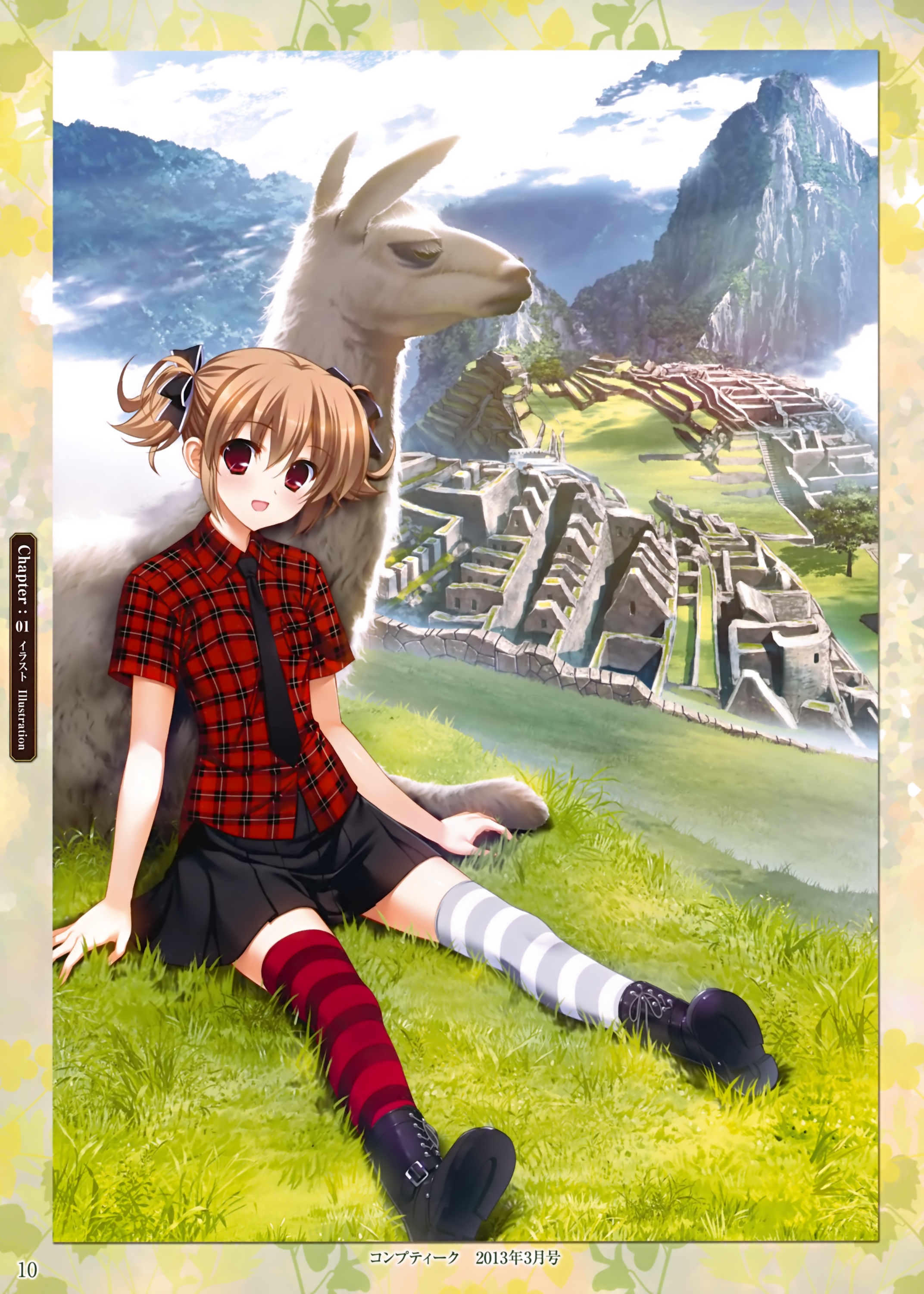 watanabe akio, irisu makina, grisaia (series), grisaia no kajitsu, absurdres, highres, official art, scan, third-party source, 1girl, :d, alpaca, animal, asymmetrical legwear, black boots, black necktie, black ribbon, black skirt, blush, boots, brown hair, cloud, collared shirt, day, full body, grass, grey thighhighs, hair ribbon, lace-up boots, looking at viewer, machu picchu, miniskirt, mismatched legwear, mountain, necktie, on grass, open mouth, outdoors, page number, peru, plaid clothes, plaid shirt, pleated skirt, real world location, red eyes, red shirt, red thighhighs, ribbon, ruins, shirt, short hair, short sleeves, short twintails, sitting, skirt, sky, smile, striped clothes, striped thighhighs, thighhighs, twintails, zettai ryouiki
