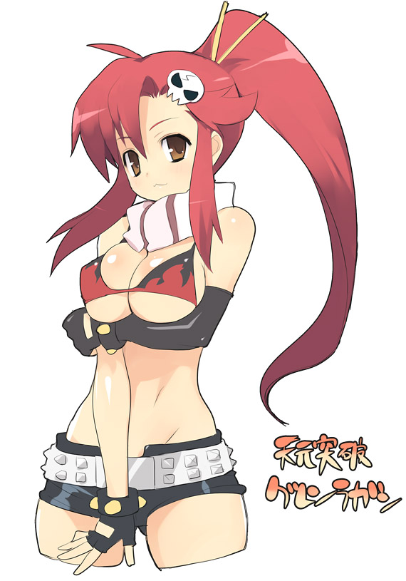 nora higuma, yoko littner, tengen toppa gurren lagann, breast hold, 00s, 1girl, belt, bikini, bikini top only, black gloves, bracelet, breasts, cleavage, cowboy shot, cropped legs, female focus, fingerless gloves, gloves, hair ornament, high ponytail, jewelry, large breasts, long hair, ponytail, red hair, short shorts, shorts, sidelocks, simple background, skull hair ornament, solo, studded belt, studded bracelet, swimsuit, underboob, very long hair, white background