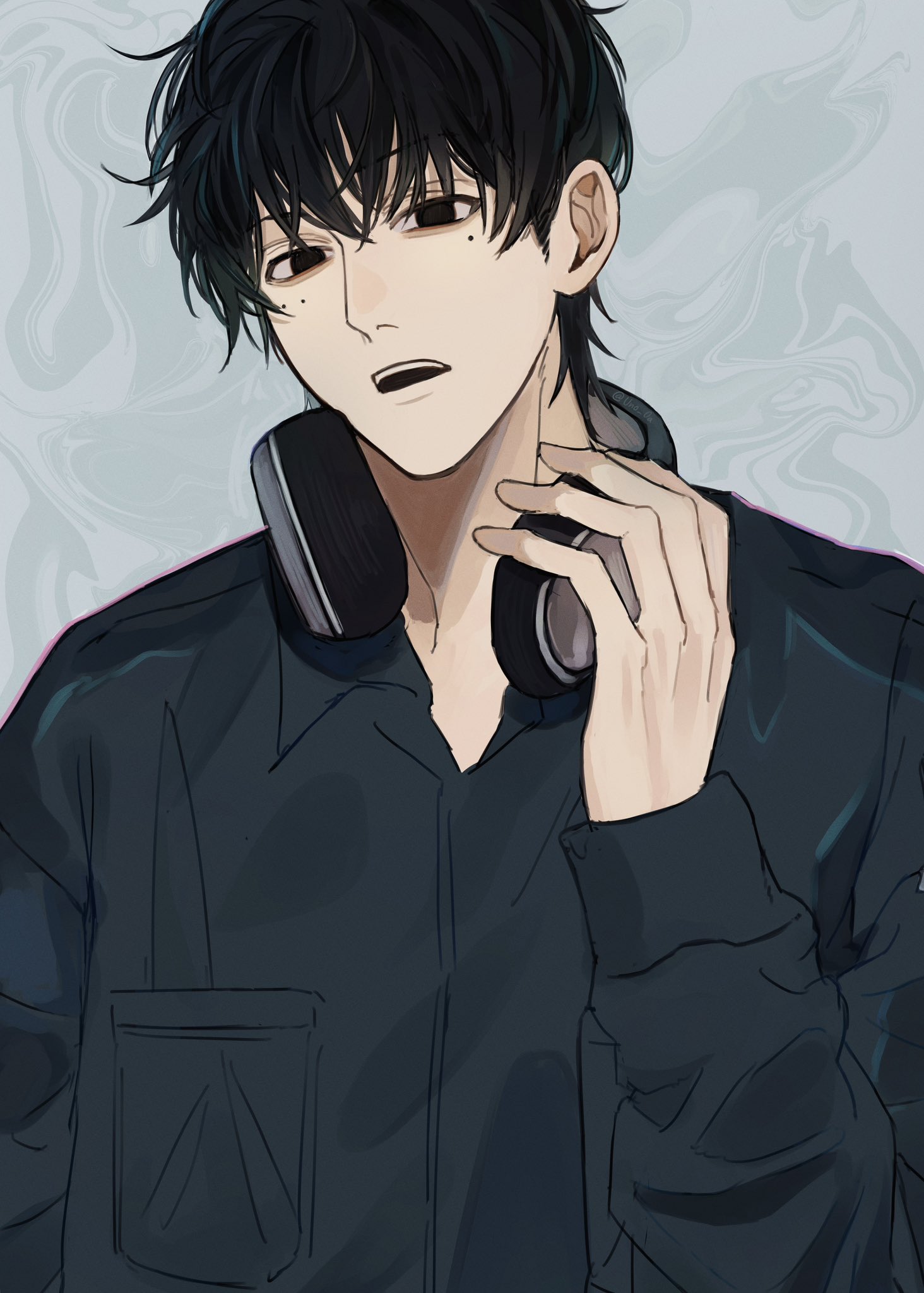 uno 0a, seba natsuki, sakamoto days, commentary request, highres, 1boy, black eyes, black hair, collared shirt, headphones, headphones around neck, long sleeves, male focus, mole, mole under eye, multiple moles, open mouth, pocket, shirt, short hair, solo, teeth, upper body, upper teeth only