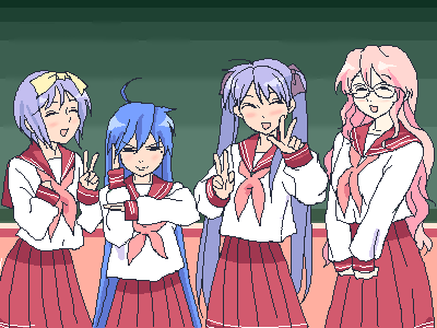 hiiragi kagami, hiiragi tsukasa, izumi konata, takara miyuki, lucky star, lowres, 00s, 4girls, ahoge, chalkboard, glasses, mole, mole under eye, multiple girls, oekaki, school uniform, serafuku, siblings, sisters, twins, v