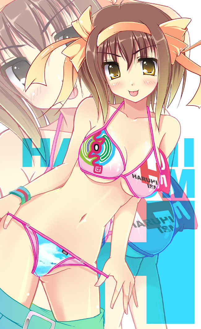 ayase hikaru, suzumiya haruhi, suzumiya haruhi no yuuutsu, 00s, 1girl, bikini, bottomless, brown hair, clothes in front, female focus, holding, holding swimsuit, holding unworn clothes, short hair, solo, swimsuit, unworn bikini bottom, unworn swimsuit