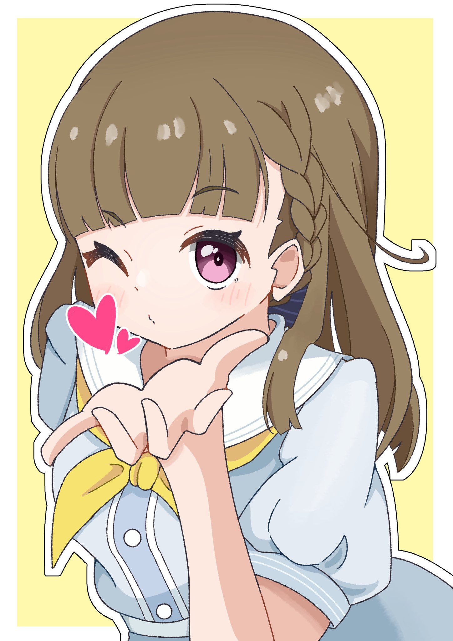tange murasaki, kachimachi kosuzu, link! like! love live!, love live!, commentary, hashtag-only commentary, highres, 1girl, blowing kiss, blue dress, blush, border, braid, brown hair, center-flap bangs, dress, hasu no sora school uniform, long hair, nape braid, neckerchief, outside border, pink eyes, puffy short sleeves, puffy sleeves, sailor collar, sailor dress, school uniform, short sleeves, side ahoge, side braids, simple background, solo, summer uniform, upper body, virtual youtuber, white border, white sailor collar, yellow background, yellow neckerchief