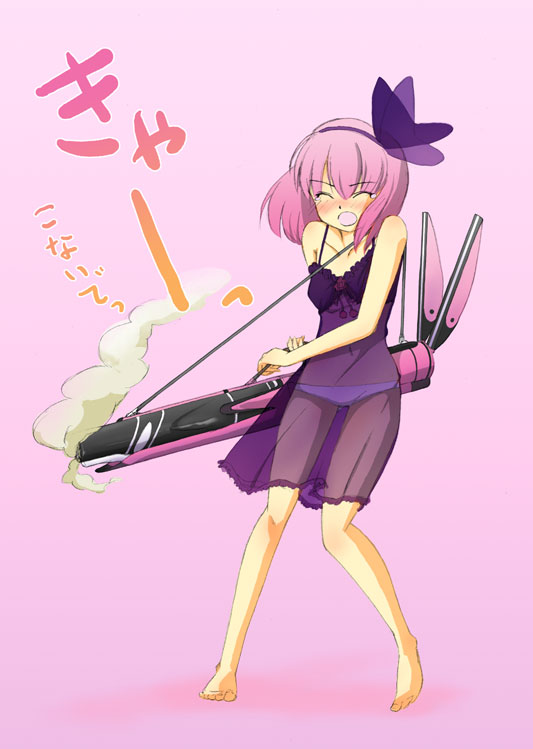 serizawa enono, lili levinas, senkou no ronde, translated, 1girl, bad anatomy, bad feet, barefoot, blush, bow, closed eyes, feet, female focus, gun, hairband, lingerie, nightgown, open mouth, panties, pink hair, poorly drawn, see-through clothes, short hair, solo, tears, underwear, weapon