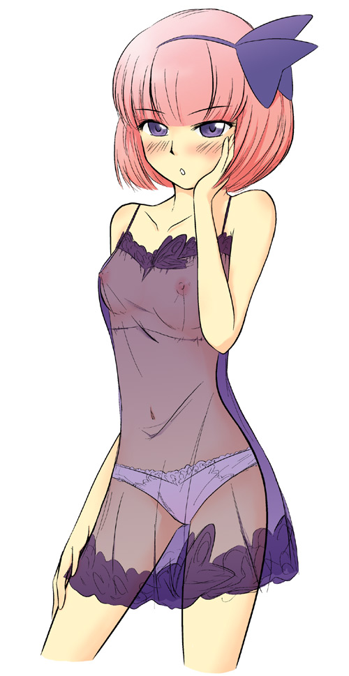 serizawa enono, lili levinas, senkou no ronde, 1girl, blush, bow, breasts, female focus, flat chest, hairband, lingerie, navel, nightgown, nipples, panties, pink hair, purple eyes, see-through clothes, short hair, small breasts, solo, underwear