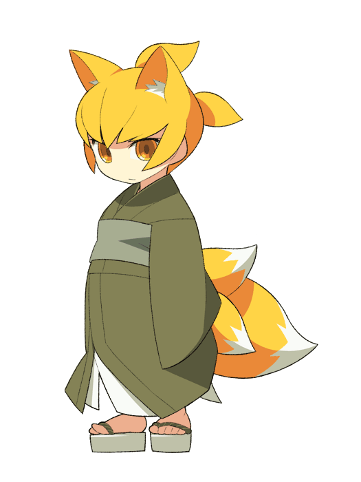 itsumo nokoru, archived source, character request, copyright request, 1girl, animal ear fluff, anime coloring, arm at side, blonde hair, brown pupils, closed mouth, expressionless, extra tails, fox girl, full body, green kimono, green sash, green sleeves, grey sandals, japanese clothes, kimono, legs apart, looking at viewer, no nose, obi, okobo, platform sandals, ponytail, sandals, sash, short ponytail, sidelocks, simple background, sleeves past fingers, sleeves past wrists, solo, standing, toes, two-tone tail, white background, white fur, white tail, yellow eyes, yellow fur, yellow tail