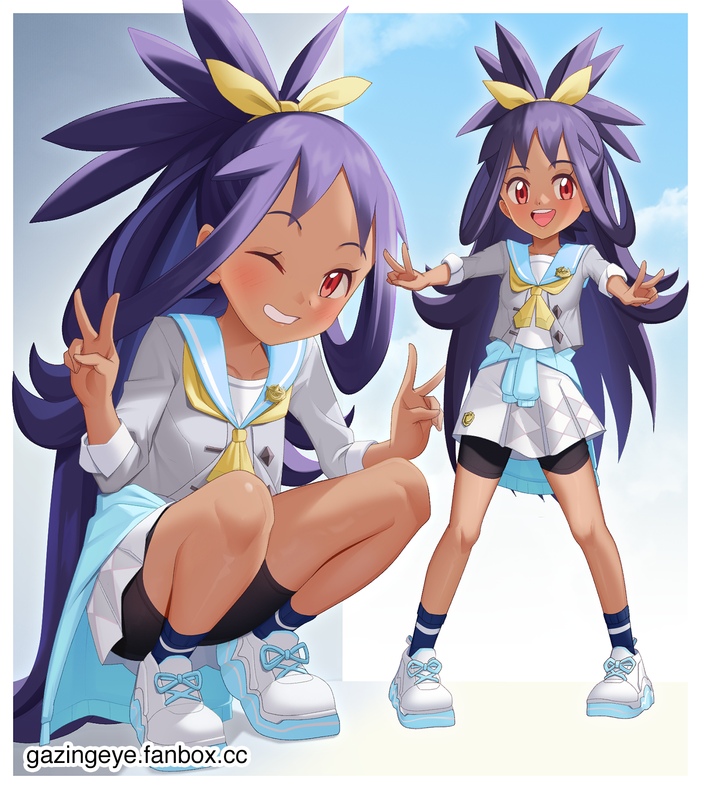 gazing eye, iris (academy) (pokemon), iris (pokemon), nintendo, pokemon, pokemon masters ex, highres, mixed-language commentary, 1girl, :d, bike shorts, bike shorts under skirt, blonde hair, blue socks, border, bow, clothes around waist, double v, grin, hair bow, hair rings, happy, knees, long hair, looking at viewer, multiple views, official alternate costume, one eye closed, open mouth, pigeon-toed, pleated skirt, purple hair, shirt, shoes, skirt, smile, socks, squatting, standing, sweater, sweater around waist, teeth, tongue, upper teeth only, v, watermark, web address, white border, white shoes