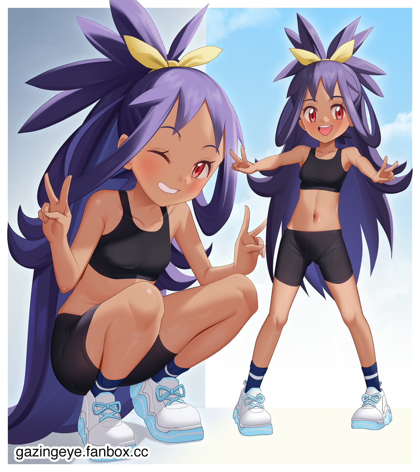 gazing eye, iris (academy) (pokemon), iris (pokemon), nintendo, pokemon, pokemon masters ex, highres, mixed-language commentary, 1girl, :d, bike shorts, black sports bra, blonde hair, blue socks, border, bow, collarbone, double v, grin, hair bow, hair rings, happy, knees, long hair, looking at viewer, multiple views, navel, one eye closed, open mouth, pigeon-toed, purple hair, shoes, smile, socks, sports bra, squatting, standing, teeth, tongue, upper teeth only, v, watermark, web address, white border, white shoes