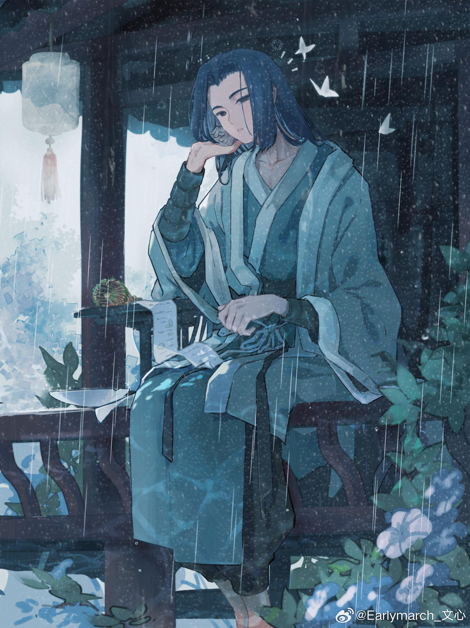 wuxian (the legend of luoxiaohei), luo xiaohei zhanji, highres, 1boy, blue hair, bug, butterfly, feet out of frame, flower, hand up, insect, leaf, long hair, long sleeves, outdoors, parted lips, rain, sitting, solo, weibo 7206704603, white flower, wide sleeves