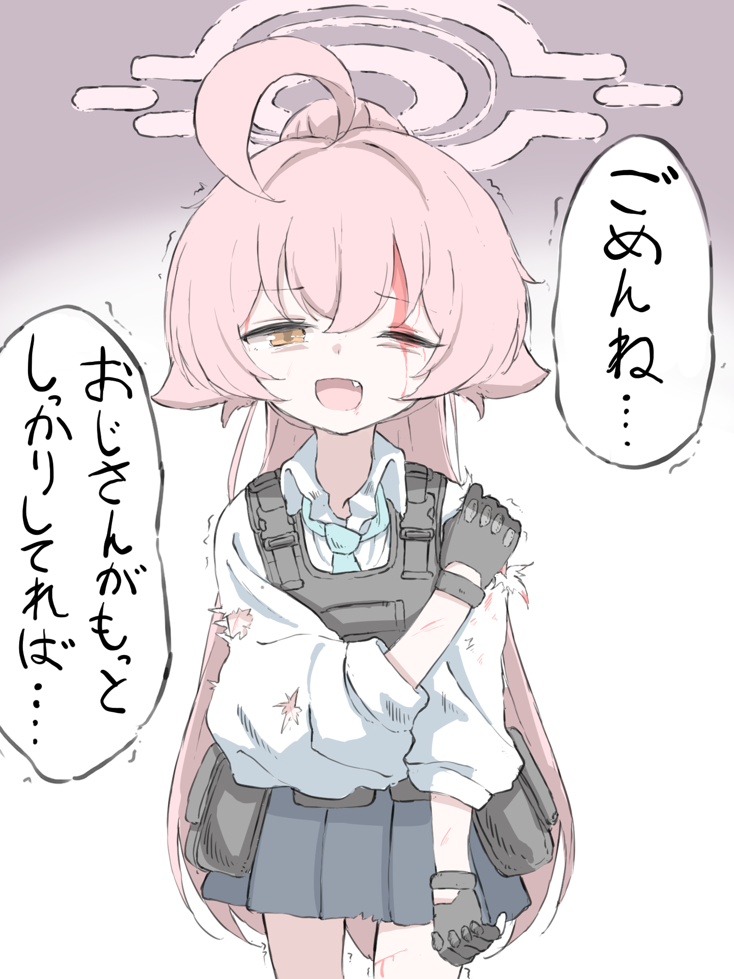 norippe (user zgsf8872), hoshino (armed) (blue archive), hoshino (blue archive), blue archive, commentary request, highres, translation request, 1girl, ;d, ahoge, black gloves, black skirt, blood, blood on face, blue necktie, brown eyes, collared shirt, cowboy shot, fang, fingerless gloves, gloves, hair between eyes, half-closed eye, halo, long hair, long sleeves, looking at viewer, necktie, one eye closed, open mouth, pink hair, pleated skirt, ponytail, puffy long sleeves, puffy sleeves, shirt, skirt, smile, solo, torn clothes, torn shirt, trembling, very long hair, white shirt