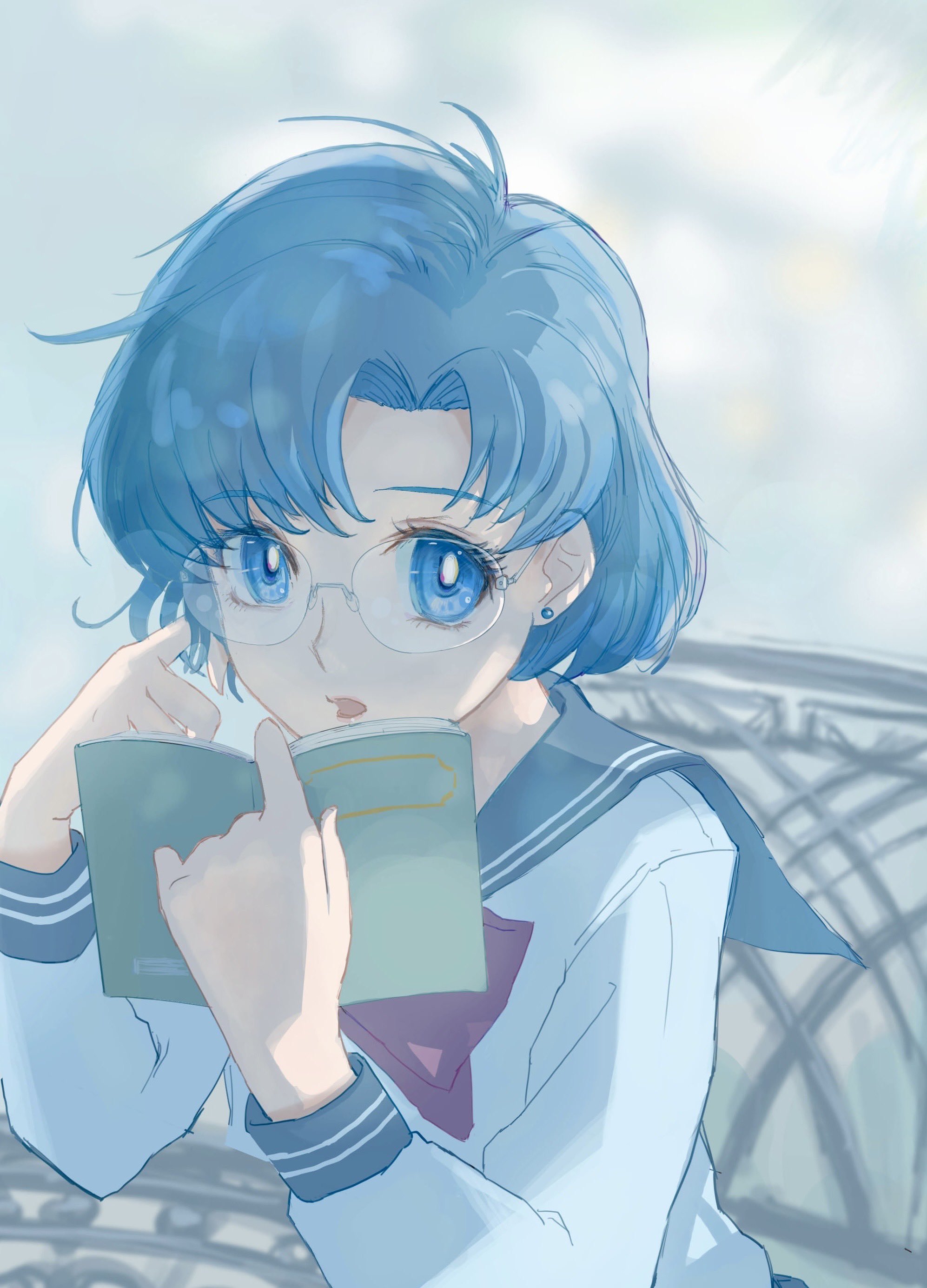 kaminchu, mizuno ami, bishoujo senshi sailor moon, absurdres, highres, 1girl, blue eyes, blue hair, blue sailor collar, book, bow, bowtie, bright pupils, earrings, glasses, jewelry, juuban middle school uniform, open book, open mouth, parted bangs, red bow, red bowtie, sailor collar, school uniform, serafuku, shirt, short hair, solo, stud earrings, white pupils, white shirt