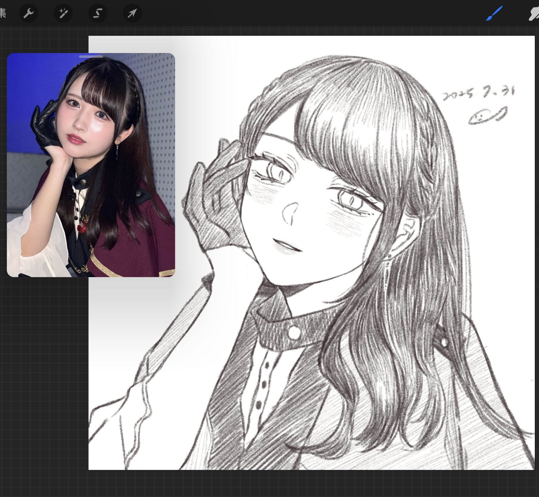 yuyuyang0402, okada mei, timoris (bang dream!), yahata umiri, bang dream!, bang dream! it's mygo!!!!!, commentary, highres, procreate (medium), symbol-only commentary, 1girl, art program in frame, blush, gloves, greyscale, long hair, looking at viewer, monochrome, open mouth, reference inset, sidelocks, upper body, voice actor, voice actor connection, white background