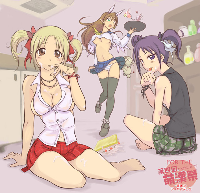 fii-tan, ripe-tan, rumi (netyhobby), fii-tan the figure, 3girls, barefoot, blonde hair, breasts, brown hair, cleavage, feet, legs, loli, multiple girls, panties, purple hair, sideboob, soles, striped clothes, striped panties, thighhighs, toes, twintails, underwear, upskirt