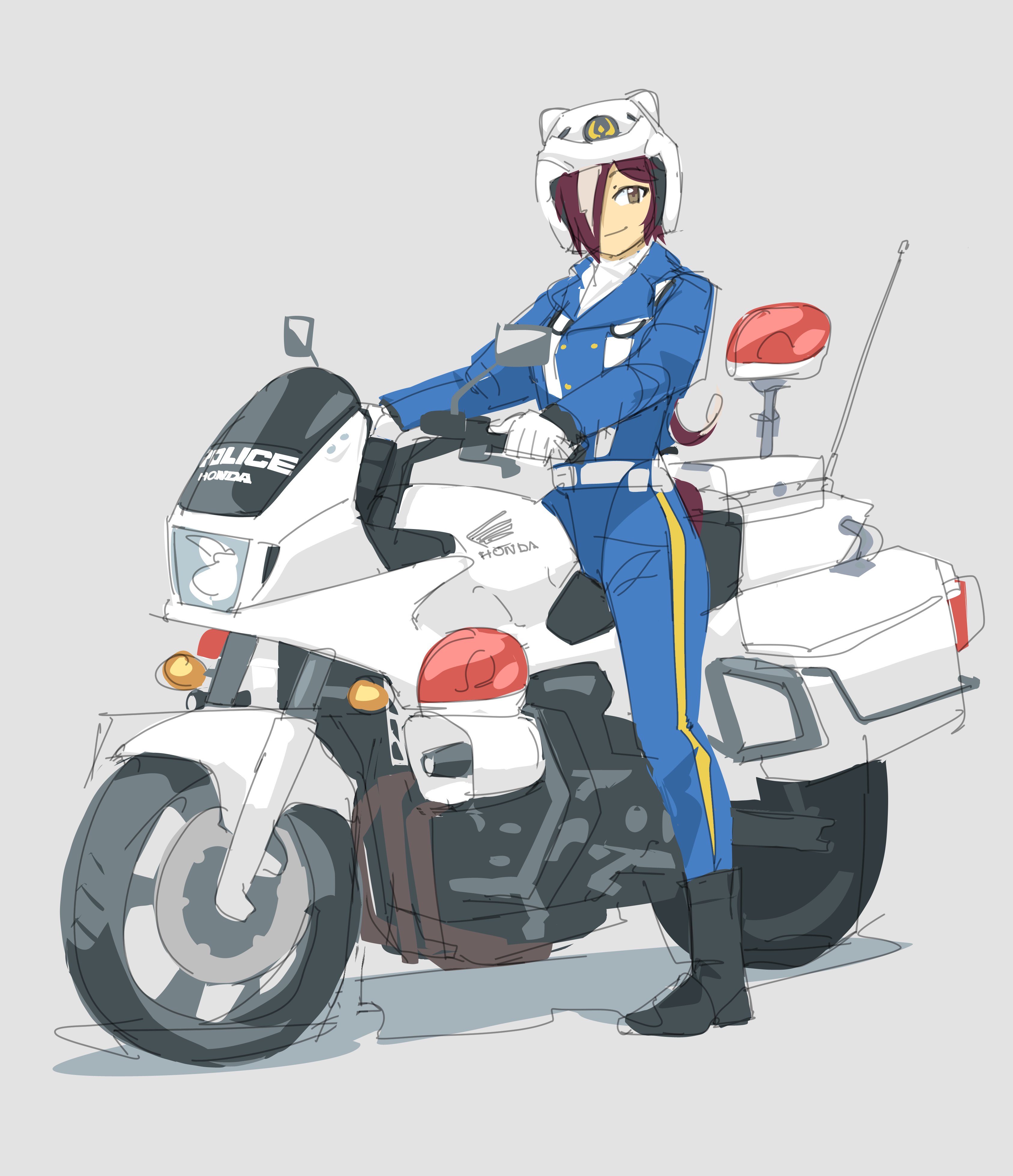vee (427deer), vodka (umamusume), honda, umamusume, absurdres, commentary, highres, 1girl, animal ears, antennae, belt, black boots, blue jacket, blue pants, boots, brown hair, buttons, double-breasted, gloves, grey background, hair over one eye, helmet, honda cb1300, horse ears, horse girl, horse tail, jacket, long hair, motor vehicle, motorcycle, multicolored hair, pants, police, police motorcycle, police uniform, policewoman, solo, streaked hair, tail, white belt, white gloves, white hair