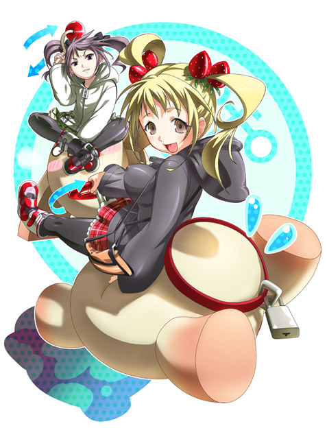 fii-tan, moedog, ripe-tan, fii-tan the figure, black legwear, 2girls, :d, blonde hair, bow, breasts, brown hair, creature, full body, hair bow, large breasts, long sleeves, multiple girls, open mouth, plaid clothes, plaid skirt, purple hair, red bow, red skirt, sitting, skirt, smile, thighhighs, twintails, zettai ryouiki