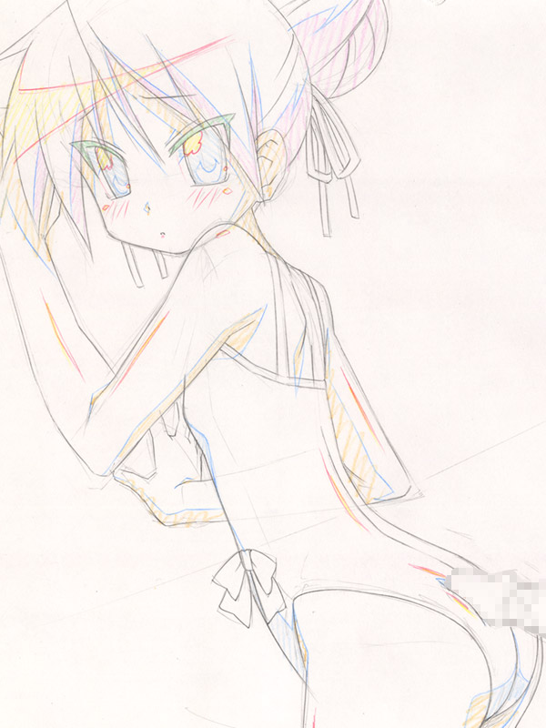 sugimura tomokazu, hiiragi kagami, lucky star, 00s, 1girl, ass, bare shoulders, blush, casual one-piece swimsuit, censored, cowboy shot, dutch angle, looking at viewer, monochrome, mosaic censoring, one-piece swimsuit, penis, short hair, simple background, solo, standing, swimsuit, white background