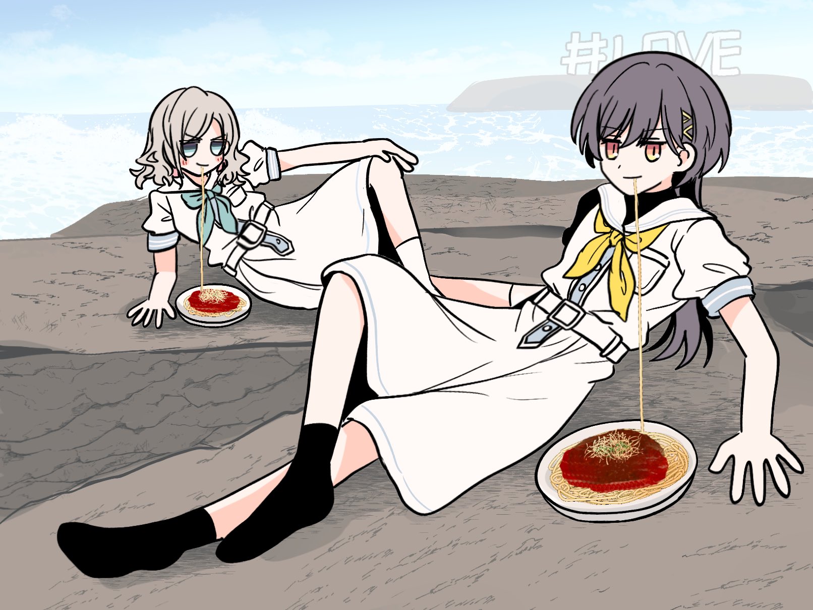 watage modoki, ceras yanagida lilienfeld, katsuragi izumi, link! like! love live!, love live!, commentary request, highres, >:), 2girls, black socks, blue eyes, bolognese sauce, breast pocket, closed mouth, dress, eating, edel note, food, full body, grey hair, hair ornament, hair ribbon, hasu no sora school uniform, ishikawa prefecture, jitome, kanazawa (city), long hair, looking at viewer, medium dress, multiple girls, neckerchief, no shoes, ocean, outdoors, pasta, pink ribbon, plate, pleated dress, pocket, real world location, reclining, ribbon, sailor collar, sailor dress, school uniform, slit pupils, socks, spaghetti, triangle hair ornament, v-shaped eyebrows, virtual youtuber, wavy hair, white dress, white sailor collar, white socks, wolf cut, yellow neckerchief