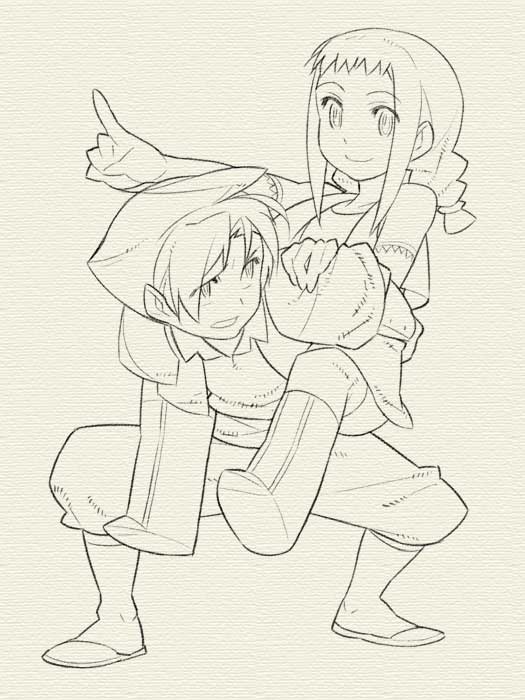 itsumo nokoru, archived source, character request, copyright request, 1boy, 1girl, ankle boots, boots, braid, carrying, closed mouth, collarbone, collared shirt, hair tie, hat, lineart, long hair, looking at another, low-braided long hair, low-tied long hair, pants, paper texture, piggyback, shirt, short bangs, short hair, shorts, smile, squatting, twin braids, vest, white background, wing collar