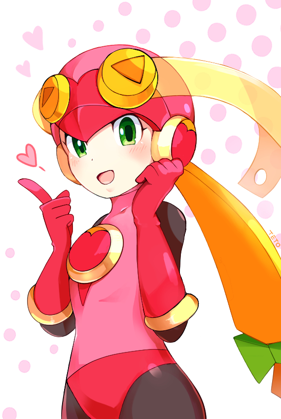 teto (y3832), roll.exe (mega man), mega man (series), mega man battle network (series), 1girl, :d, artist name, blonde hair, blush, bodysuit, bow, green bow, green eyes, hair bow, heart, helmet, index finger raised, long hair, looking at viewer, low-tied long hair, open mouth, pink helmet, smile, solo