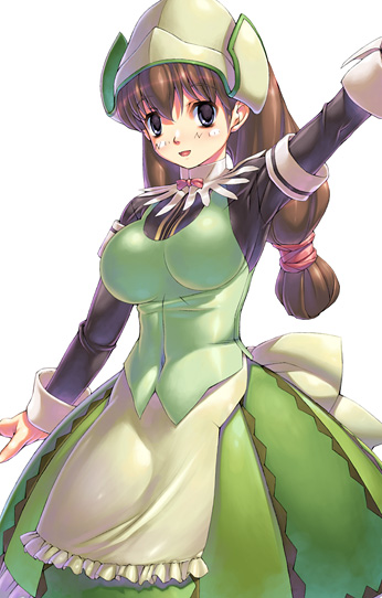 uchiu kazuma, original, 1girl, apron, brown hair, female focus, hat, long hair, simple background, solo, white background