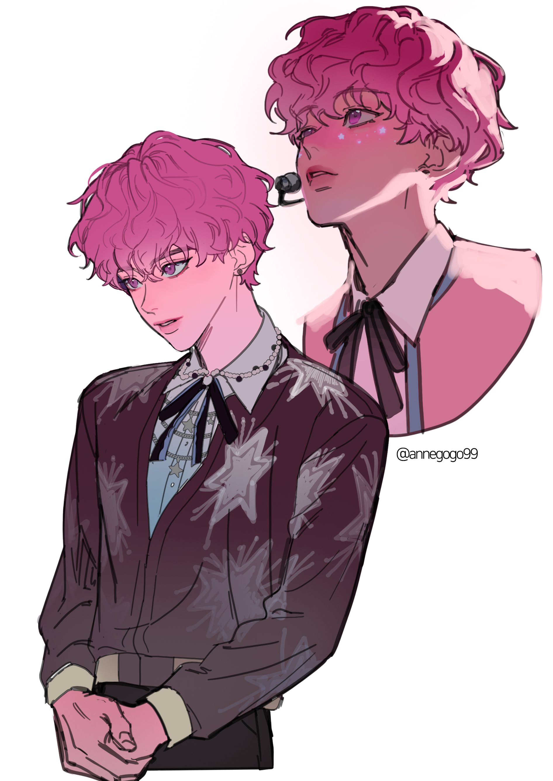 annegogo99, absurdres, highres, korean commentary, 1boy, bamby (plave), black ribbon, bush, k-pop, long sleeves, looking ahead, looking up, male focus, microphone, multiple views, own hands together, parted lips, pink hair, plave, print shirt, ribbon, shirt, short hair, simple background, wavy hair, white background