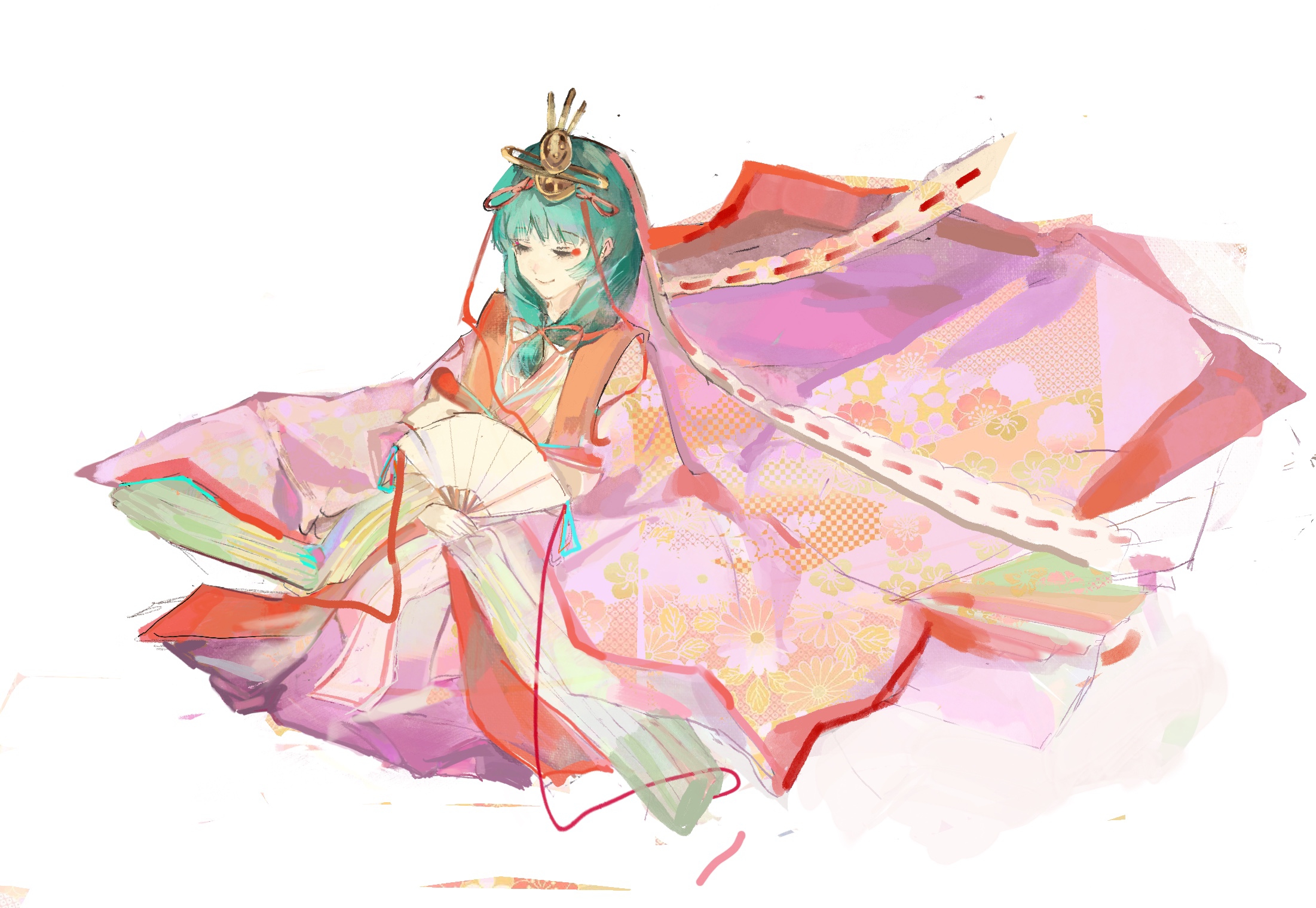 kagiyama hina, touhou, commentary, commentary request, highres, 1girl, closed eyes, eyeliner, floral print, floral print kimono, folding fan, from above, front ponytail, gold headwear, green hair, hair ribbon, hand fan, holding, holding fan, japanese clothes, jiangyi (pixiv 105836957), kimono, kneeling, long hair, long ribbon, long sleeves, makeup, pink kimono, print kimono, red eyeliner, red ribbon, ribbon, smile, solo, unmoving pattern, white background